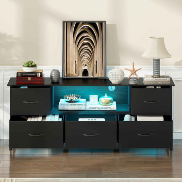 Advwin TV Unit Cabinet 140cm with Charging Station, TV Stand with 5 Storage Drawers & Open Shelf,